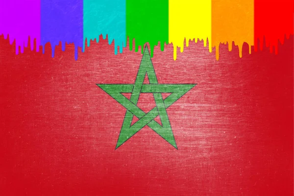 Verf Kleuren Van Regenboogvlag Druipt Nationale Vlag Van Marokko — Stockfoto