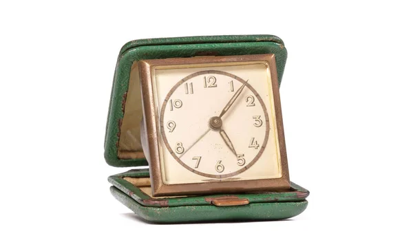 Velho Relógio Alarme Viagem Dobrável Verde Fundo Branco — Fotografia de Stock