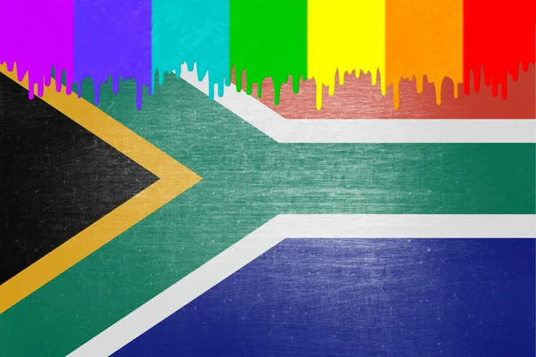 Güney Afrika Bayrağının Üzerine Gökkuşağı Bayrağının Renginde Boya Damlıyor — Stok fotoğraf