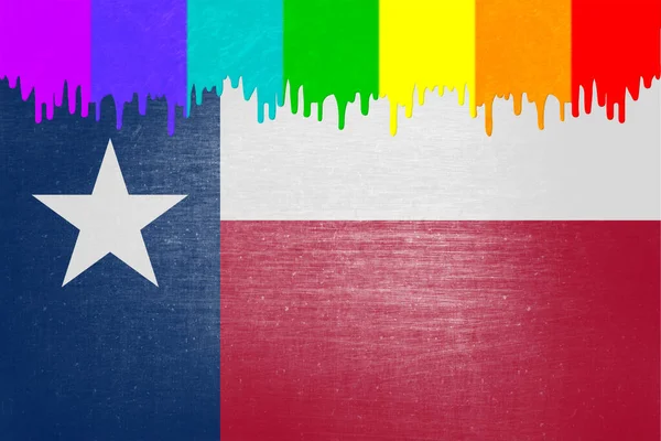 Måla Färgerna Regnbågens Flagga Droppar Över Den Statliga Flaggan Texas — Stockfoto