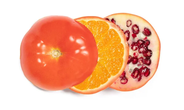 Sliced Ripe Red Beef Tomato Pomegranate Orange Isolated White — Stock Photo, Image
