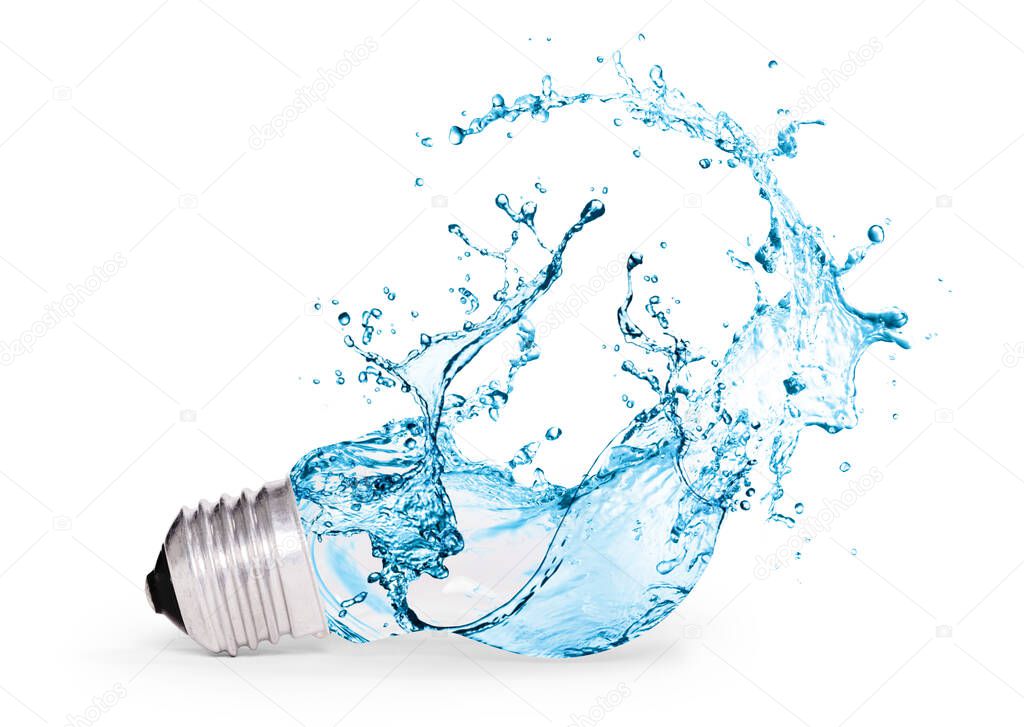 Lightbulb with water bursting out, isolated on white