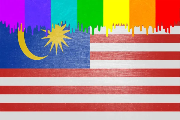 Farbe Den Farben Der Regenbogenfahne Tropft Über Die Nationalflagge Malaysias — Stockfoto