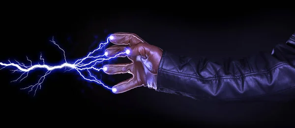 Hand Shooting Out Bolt Lightning Dark Mysterious Isolated Black — Stock Photo, Image