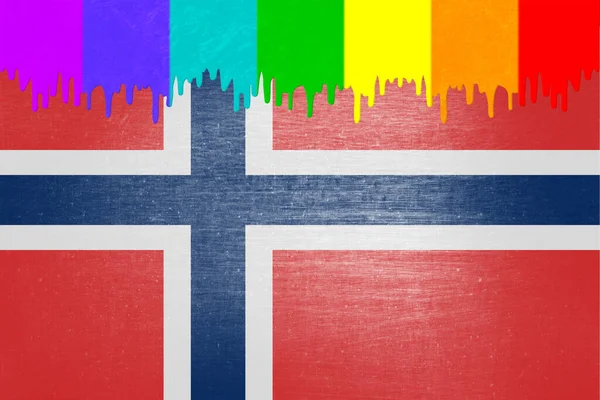 Farbe Den Farben Der Regenbogenfahne Tropft Über Die Norwegische Nationalflagge — Stockfoto