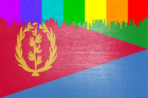 Vopseaua Culorile Steagului Curcubeului Scurge Peste Steagul Național Eritreei — Fotografie, imagine de stoc