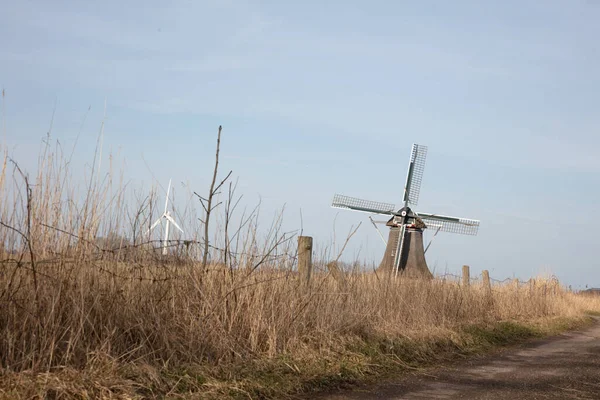 Starý Větrný Mlýn Moderní Turbína Nizozemsku Chytání Holandského Větru — Stock fotografie