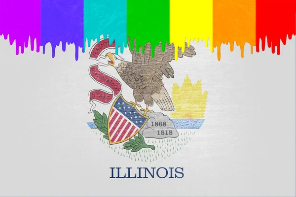 ペイント 虹の旗の色で イリノイ州の旗の上に滴り落ちています — ストック写真