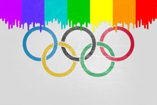 Farba Kolorach Tęczowej Flagi Kapie Nad Flagą Narodową Igrzysk Olimpijskich — Zdjęcie stockowe