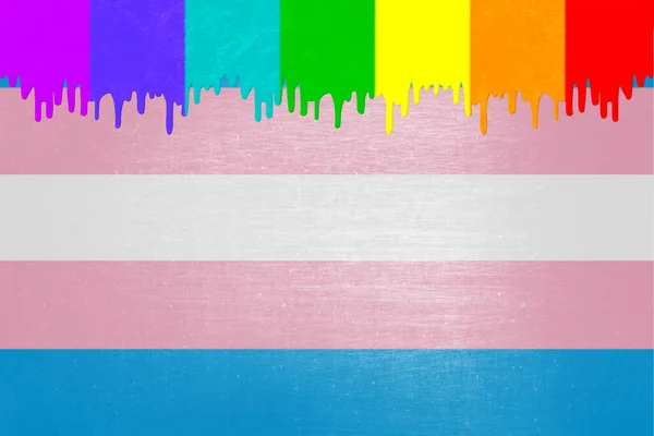 彩虹旗的颜色 正滴落在跨性别社群的国旗上 — 图库照片