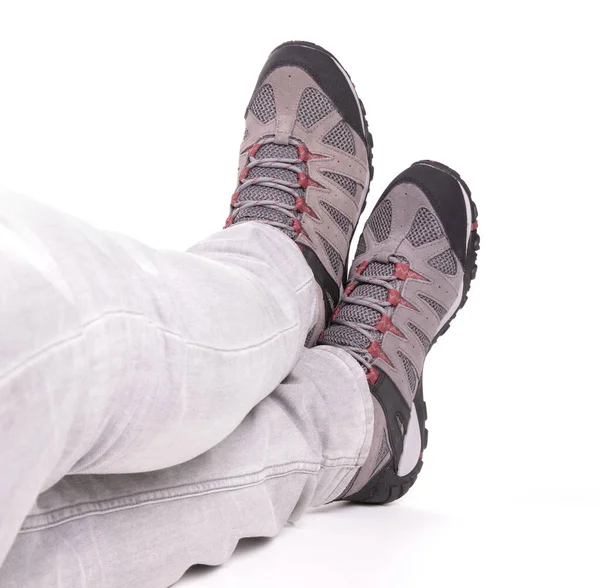 Man Wearing Grey Hiking Shoes Isolated White Background — Stock Photo, Image