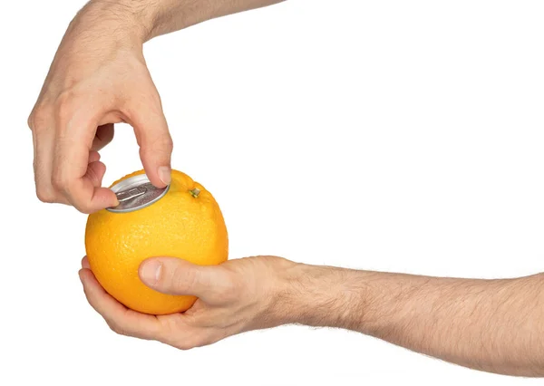 Vuxen Öppnar Orange Läsk Orange Förpackning Isolerad Vitt — Stockfoto