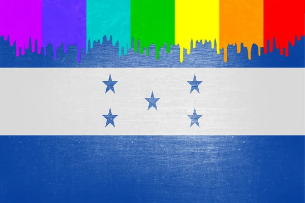 Honduras Bayrağının Üzerine Gökkuşağı Bayrağının Renginde Boya Damlıyor — Stok fotoğraf