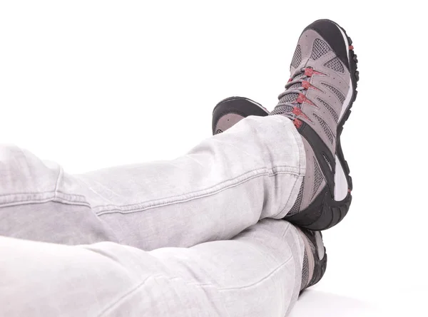 Man Wearing Grey Hiking Shoes Isolated White Background — Stock Photo, Image