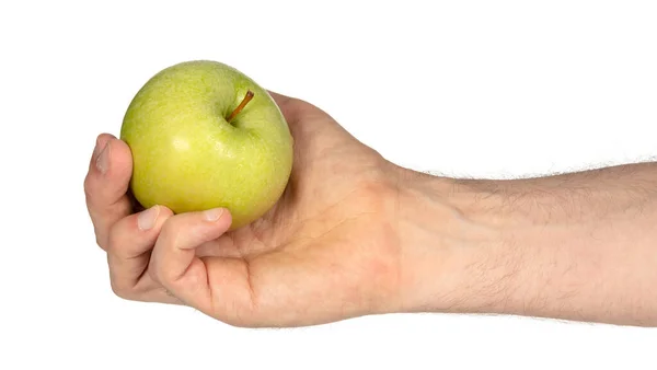 Grüner Apfel Erwachsener Hand Isoliert Auf Weiß — Stockfoto