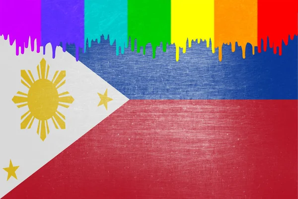 ペイント 虹の旗の色で フィリピンの国旗の上に滴下しています — ストック写真