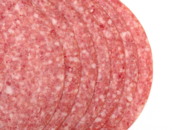 Fette Salame Affumicato Isolate Bianco — Foto Stock