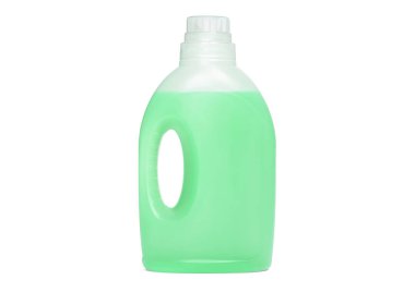 Deterjan şişesi, tekstil için yeşil sıvı deterjan, beyaza izole edilmiş.