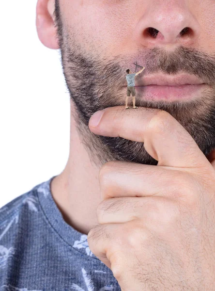 Man Miniature Hedge Clippers Shaving His Own Giant Face Care — Stock Photo, Image