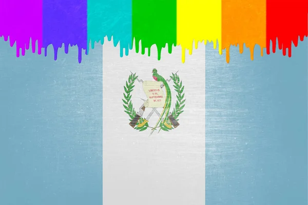 Farbe Den Farben Der Regenbogenfahne Tropft Über Die Nationalflagge Guatemalas — Stockfoto