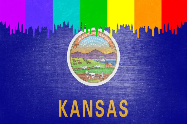 Verf Kleuren Van Regenboogvlag Druipt Staatsvlag Van Kansas — Stockfoto