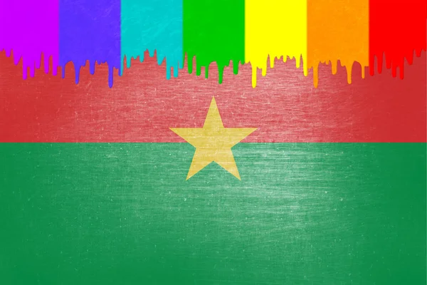 Burkina Faso Bayrağının Üzerine Gökkuşağı Bayrağının Renginde Boya Damlıyor — Stok fotoğraf
