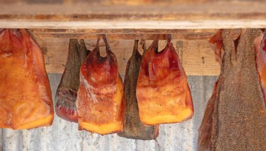 Açık bir depoda, İzlanda 'nın (mayalanmış köpekbalığı) adı verilen spesiyali