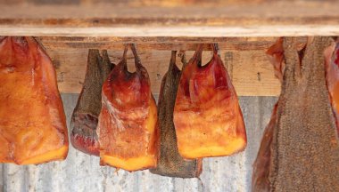 Açık bir depoda, İzlanda 'nın (mayalanmış köpekbalığı) adı verilen spesiyali