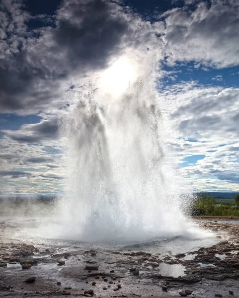 Eruption Strokkur Geyser Morning Sun Iceland — Stock Photo, Image