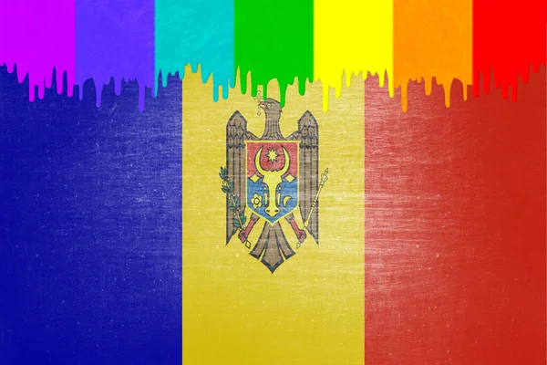 Farba Kolorach Tęczowej Flagi Kapie Nad Flagą Narodową Mołdawii — Zdjęcie stockowe