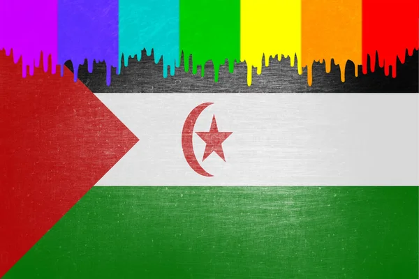 Verf Kleuren Van Regenboogvlag Druipt Nationale Vlag Van Westelijke Sahara — Stockfoto