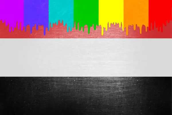 Краска Цветах Радужного Флага Капает Национальный Флаг Йемена — стоковое фото