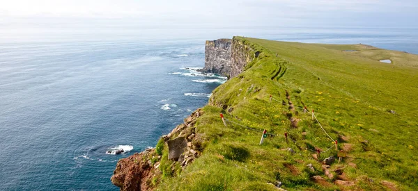 这些宏伟的悬崖峭壁座落在冰岛最西端的拉特拉伯亚格海角 结冰的土地 濒临崩溃的危险 成了数百万只鸟类的家园 它们是欧洲最大的悬崖峭壁 长14Km 高达4 40亿 — 图库照片