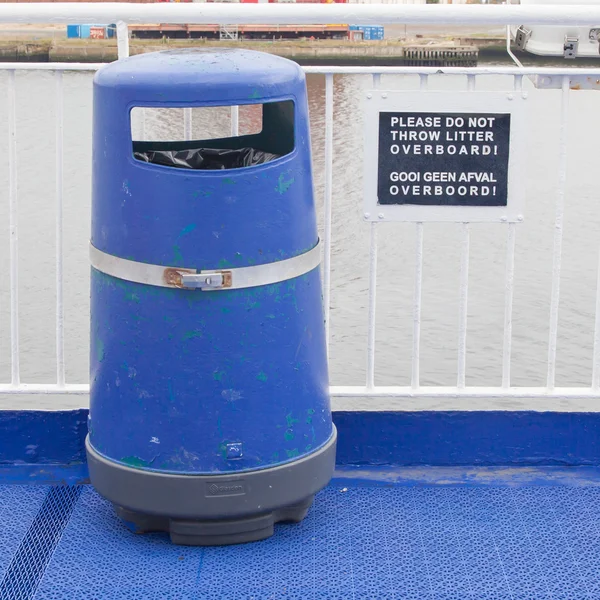 Blue bin on deck of cruise liner — Stock Photo, Image