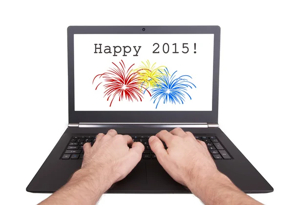 工作的笔记本电脑，快乐 2015年人 — 图库照片