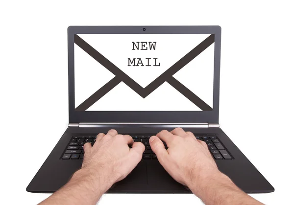 Man working on laptop, new message — Stock Photo, Image