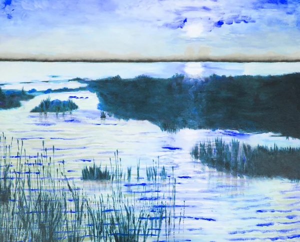Oryginalny obraz olejny Wyświetlono pięknego jeziora — Zdjęcie stockowe