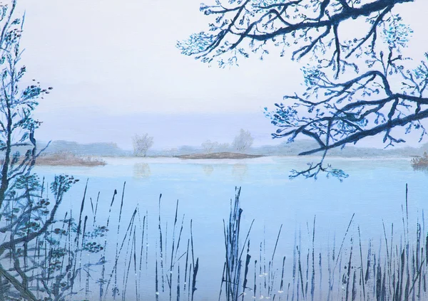 Original oil painting showing beautiful lake — Stock Photo, Image