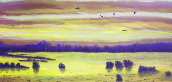 Zachód słońca nad jeziorem, ptaki na niebie — Zdjęcie stockowe