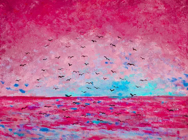 Sonnenuntergang am Meer, Vögel am Himmel — Stockfoto