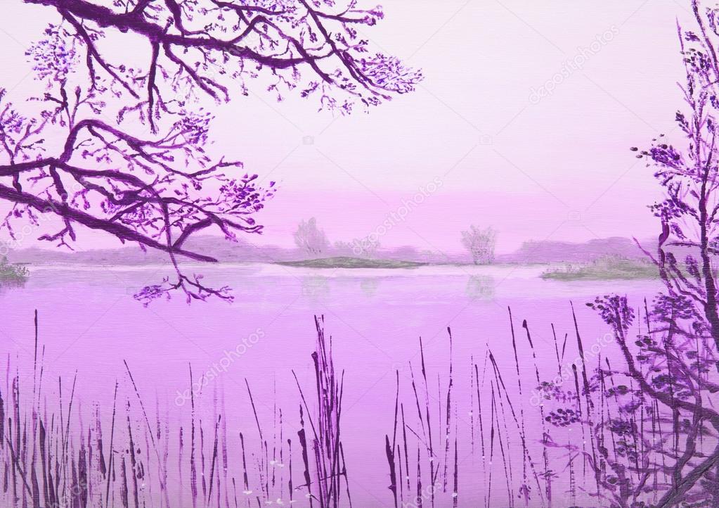 Original oil painting showing beautiful lake
