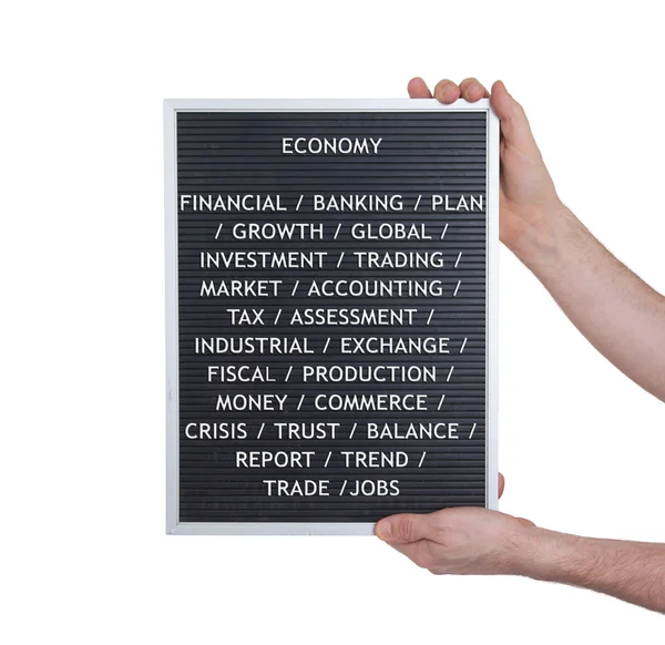 Conceito de economia em letras plásticas na placa de menu muito antiga — Fotografia de Stock