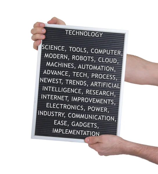 Conceito de tecnologia em letras plásticas na placa de menu muito antiga — Fotografia de Stock
