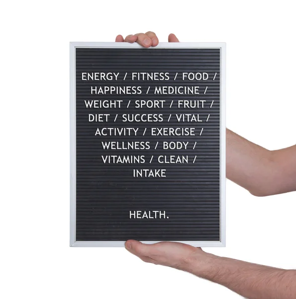 很老的菜单板上的塑料字母的健康概念 — 图库照片