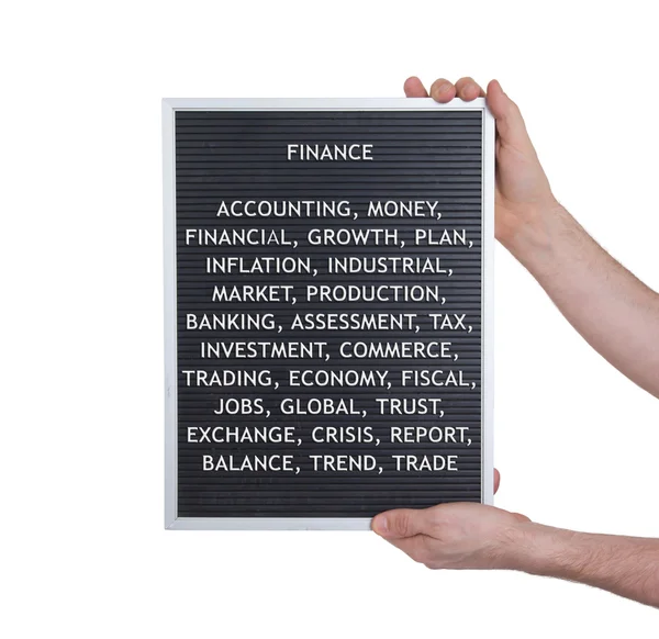 Finance concept in plastic letters on very old menu board — Stock Photo, Image