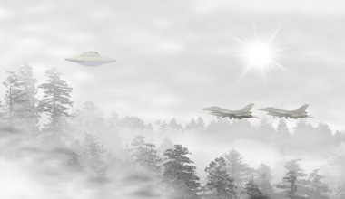 UFO bir manzara gündoğumu, sisli ormanın içinde
