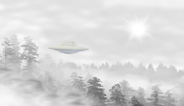 UFO bir manzara gündoğumu, sisli ormanın içinde