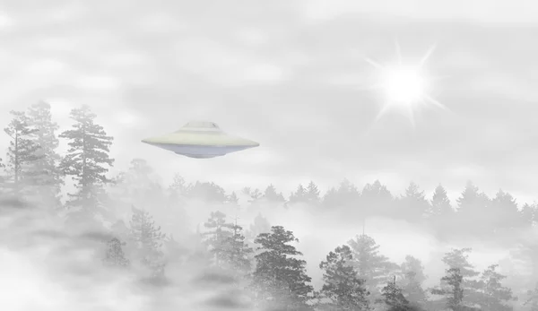 UFO in a landscape of misty forest at sunrise — Stock Photo, Image