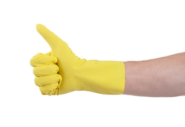 Yellow glove for cleaning show thumbs up — Stock Photo, Image