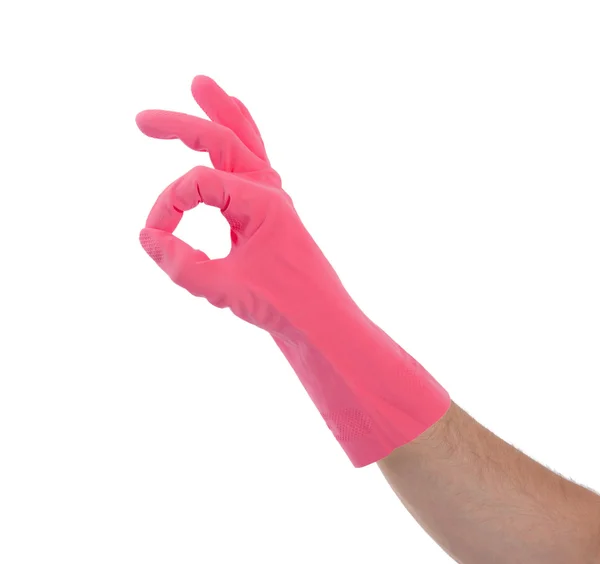 Intett a rózsaszín tisztító termék kesztyű kéz — Stock Fotó
